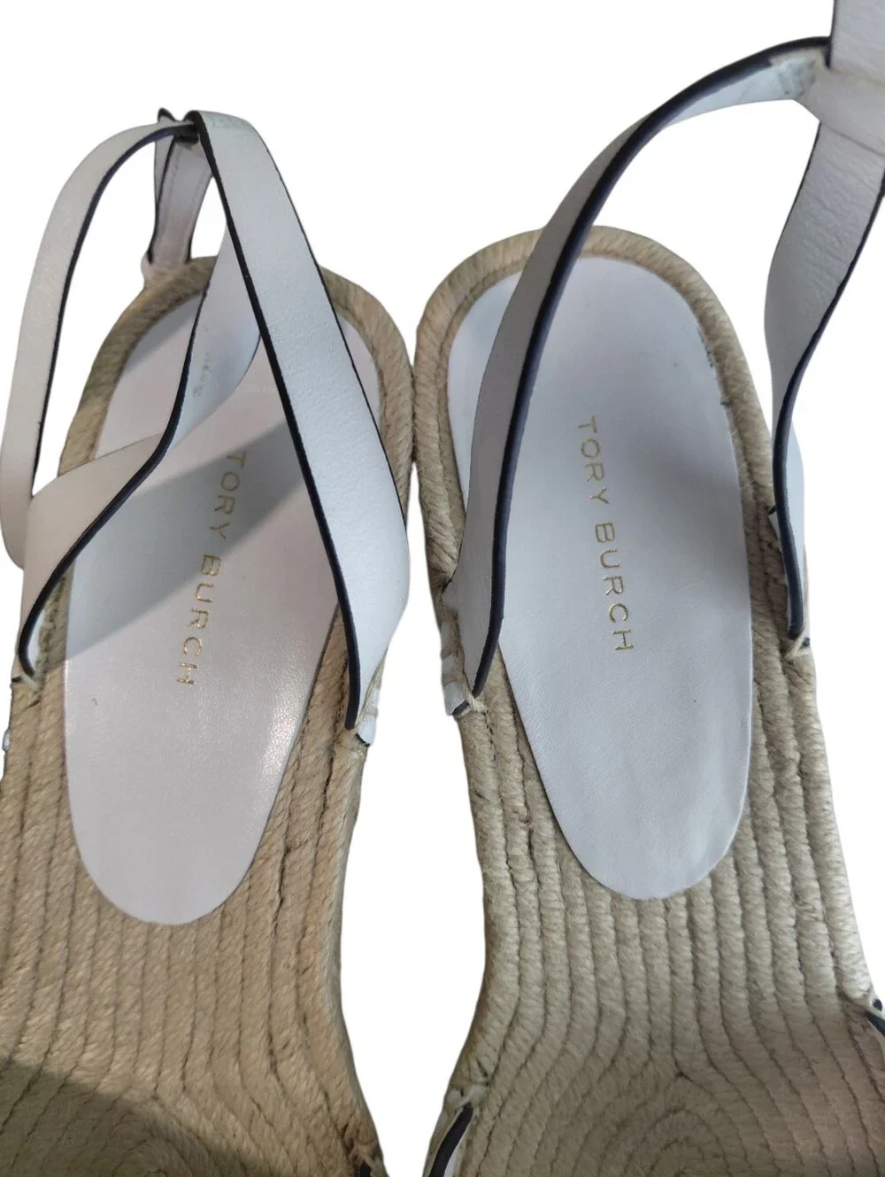 Tory Burch Ines White Leather Logo Espadrille Wedge Sandals Size 9.5